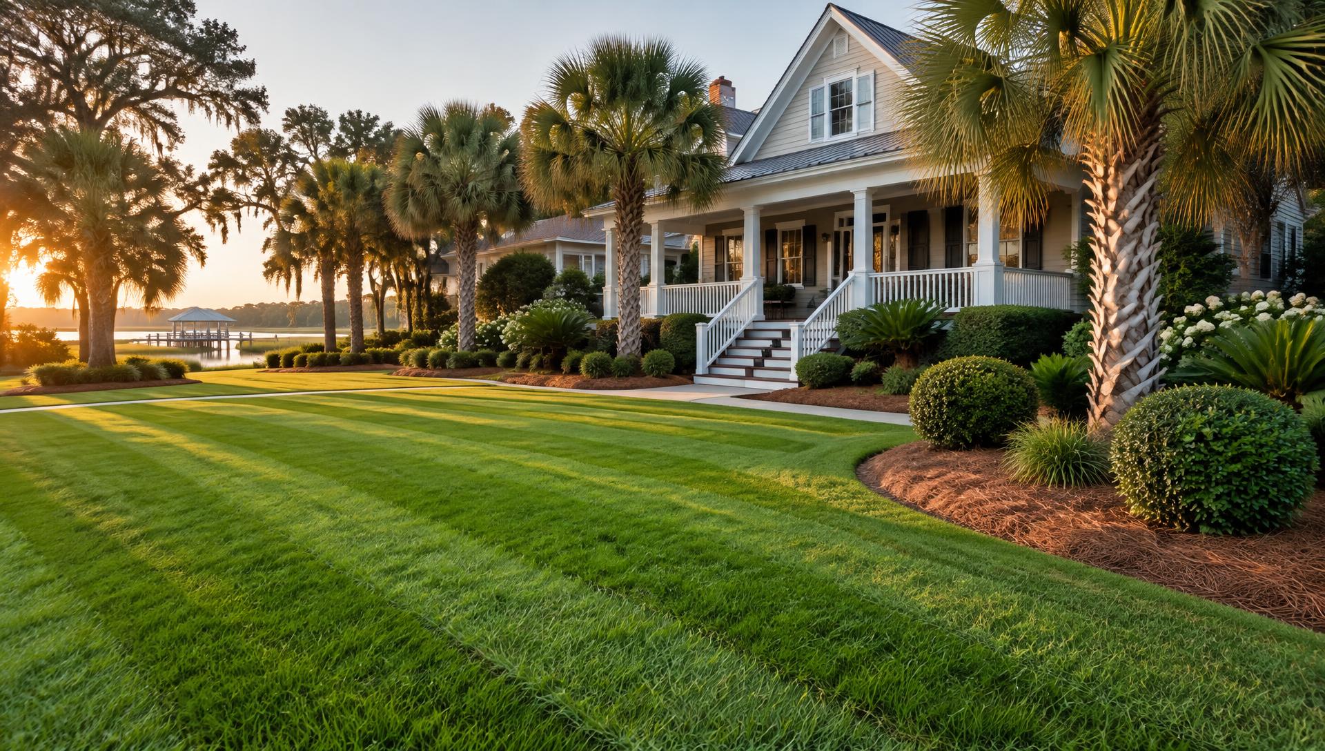 Freshly mowed lawn with striped mowing lines in front of a coastal Myrtle Beach home