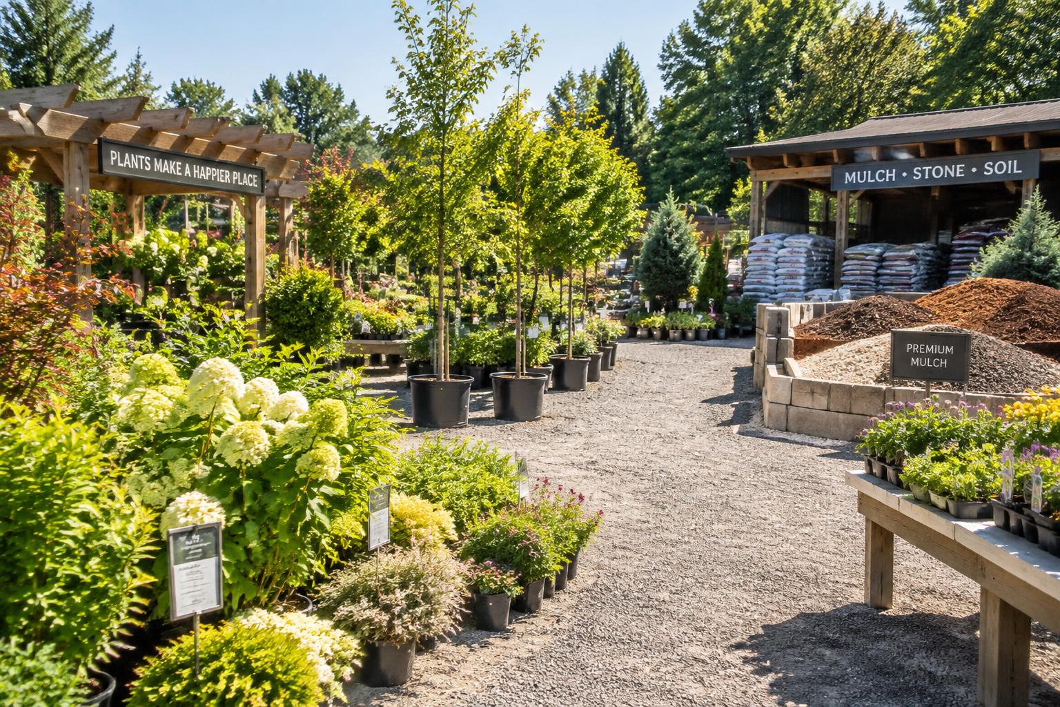 Rows of potted trees and shrubs beside bulk mulch and stone at a garden nursery
